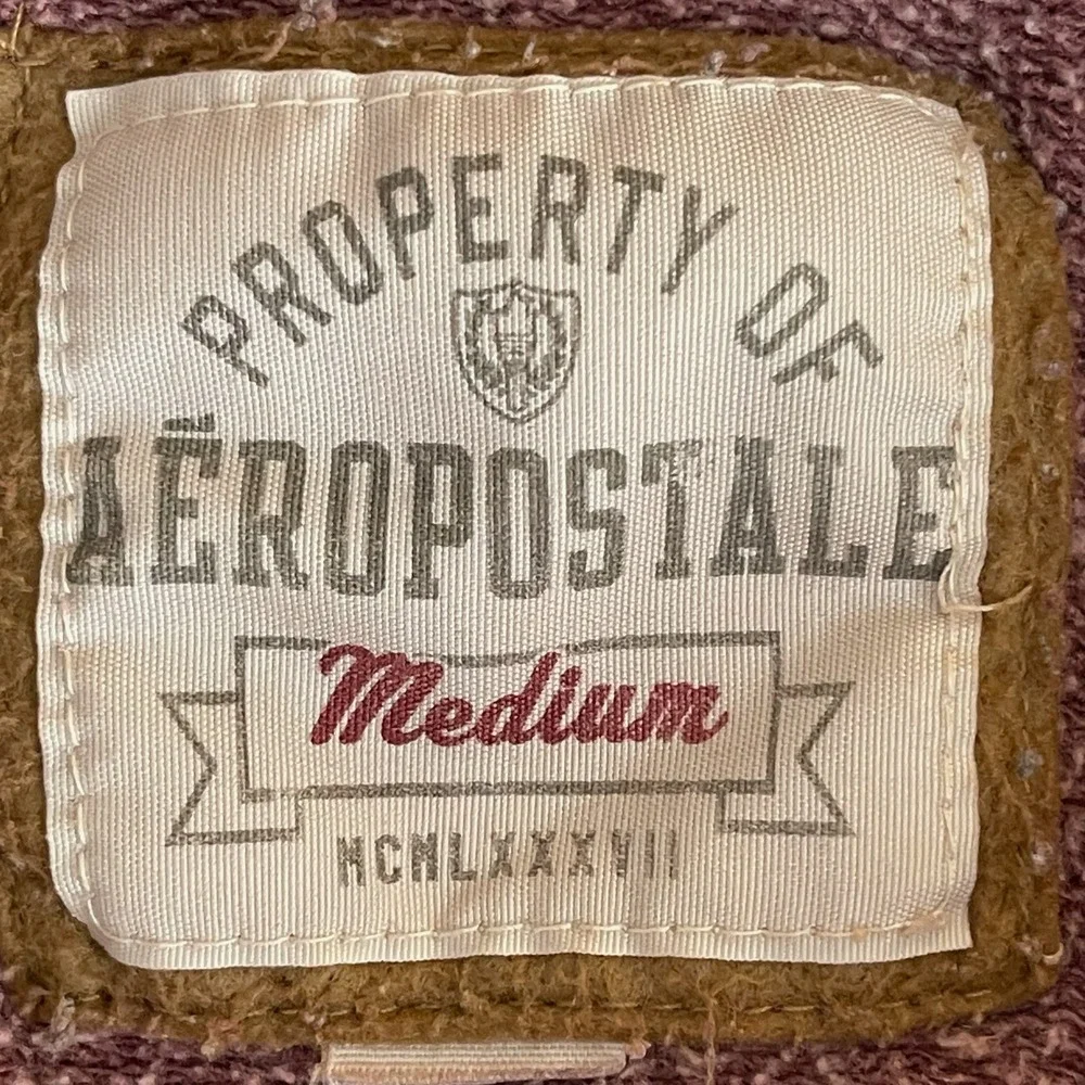 Vintage Aeropostale Men's Burgundy Distressed Logo Hoodie Sweatshirt Size M